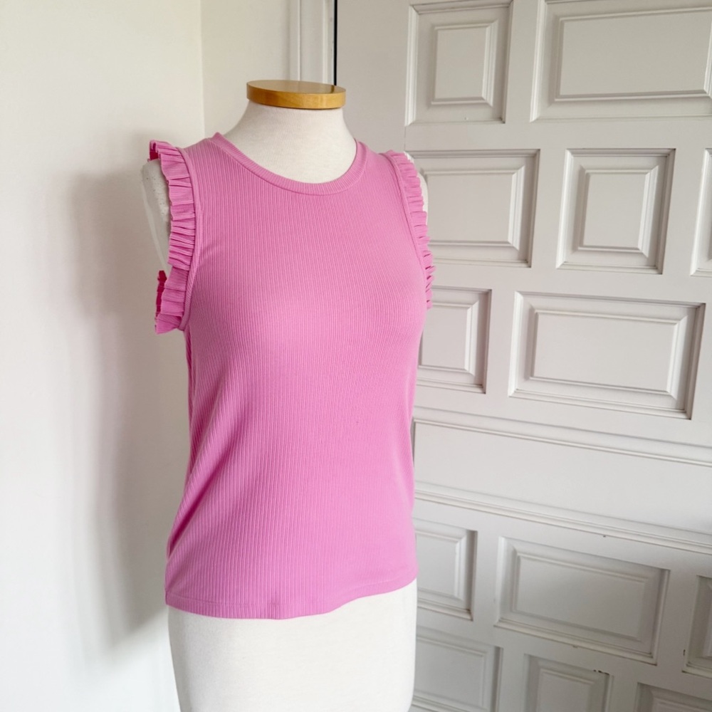 J. Crew Pink Top Ribbed Ruffle Sleeveless Cotton Blend Size Small - Picture 2 of 10